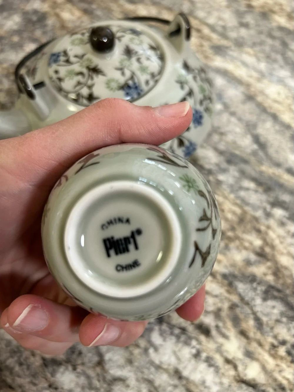 Pier1 Vintage Hand Painted Floral Tomoko Porcelain Teapot Metal Handle +Two Cups